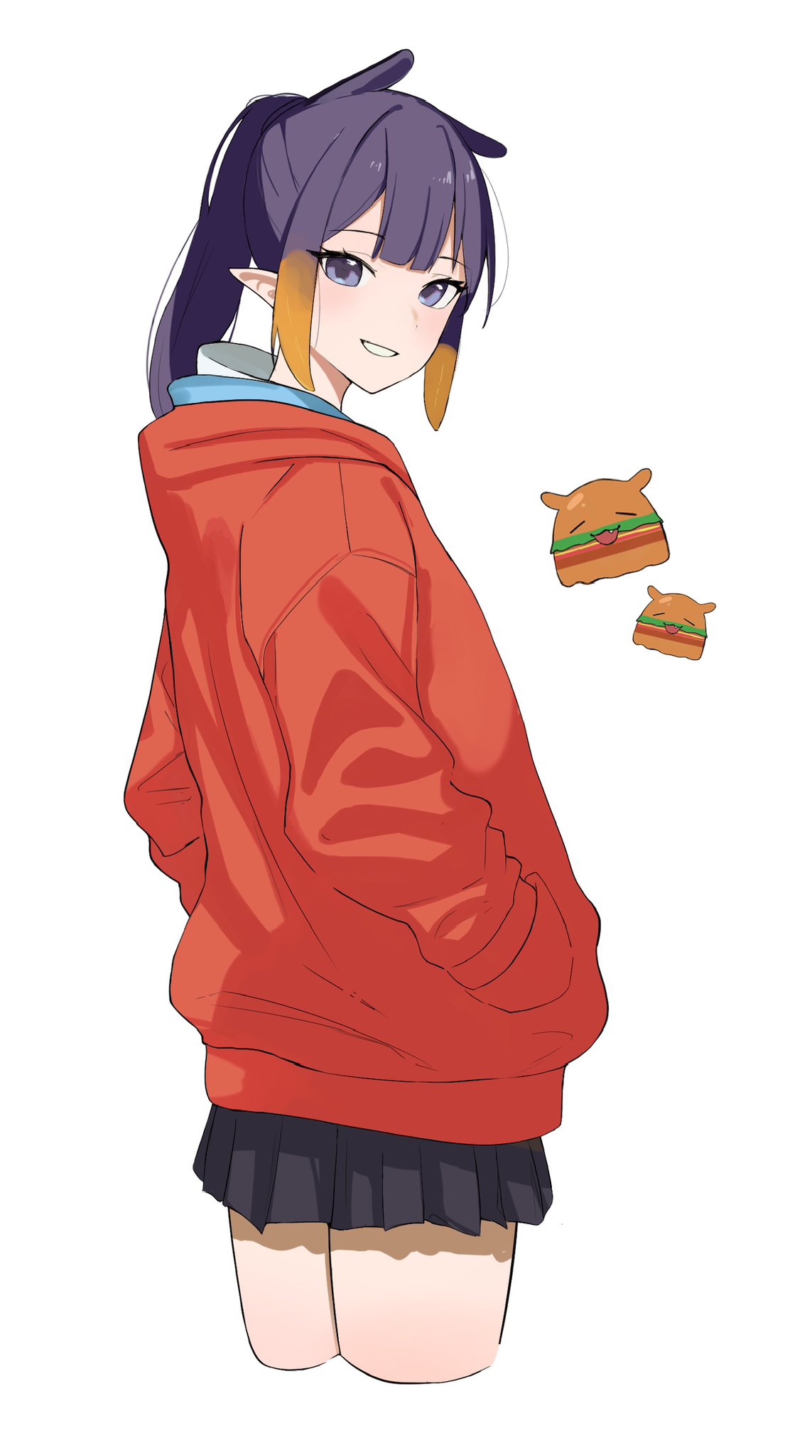 1girl, black_skirt, blue_eyes, blunt_bangs, burger, center-flap_bangs, cosplay, cropped_legs