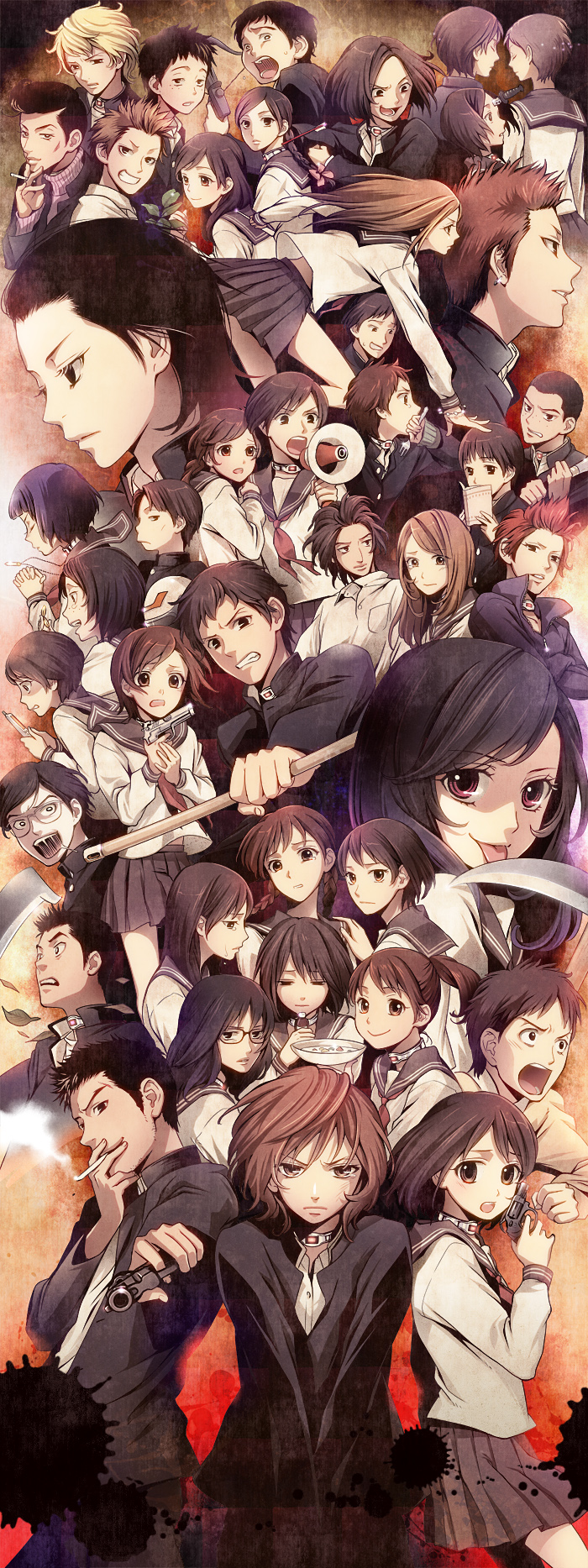 6+boys, 6+girls, battle_royale, gakuran, highres, kiriyama_kazuo, koyama_rikako, multiple_boys