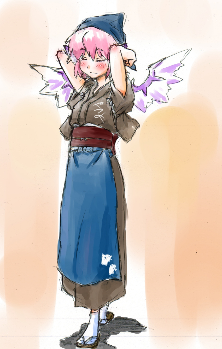 animal_ears, apron, blush, closed_eyes, head_scarf, highres, japanese_clothes, matatabeat