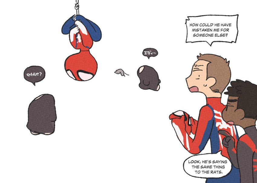 2boys, bodysuit, brown_hair, chibi, dark-skinned_male, dark_skin, english_text, kab00m_chuck