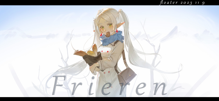 1girl, absurdres, artist_name, backlighting, bag, bare_tree, blue_scarf, blush