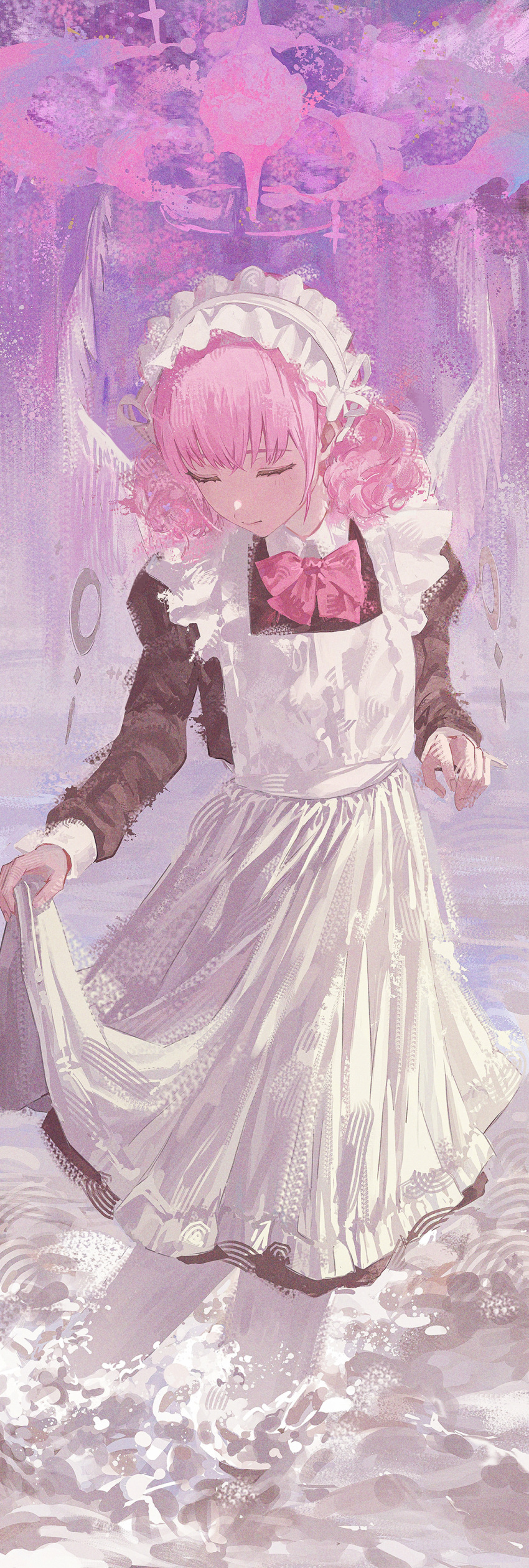1girl, absurdres, alternate_costume, alternate_hairstyle, apron, apron_hold, black_dress, blue_archive
