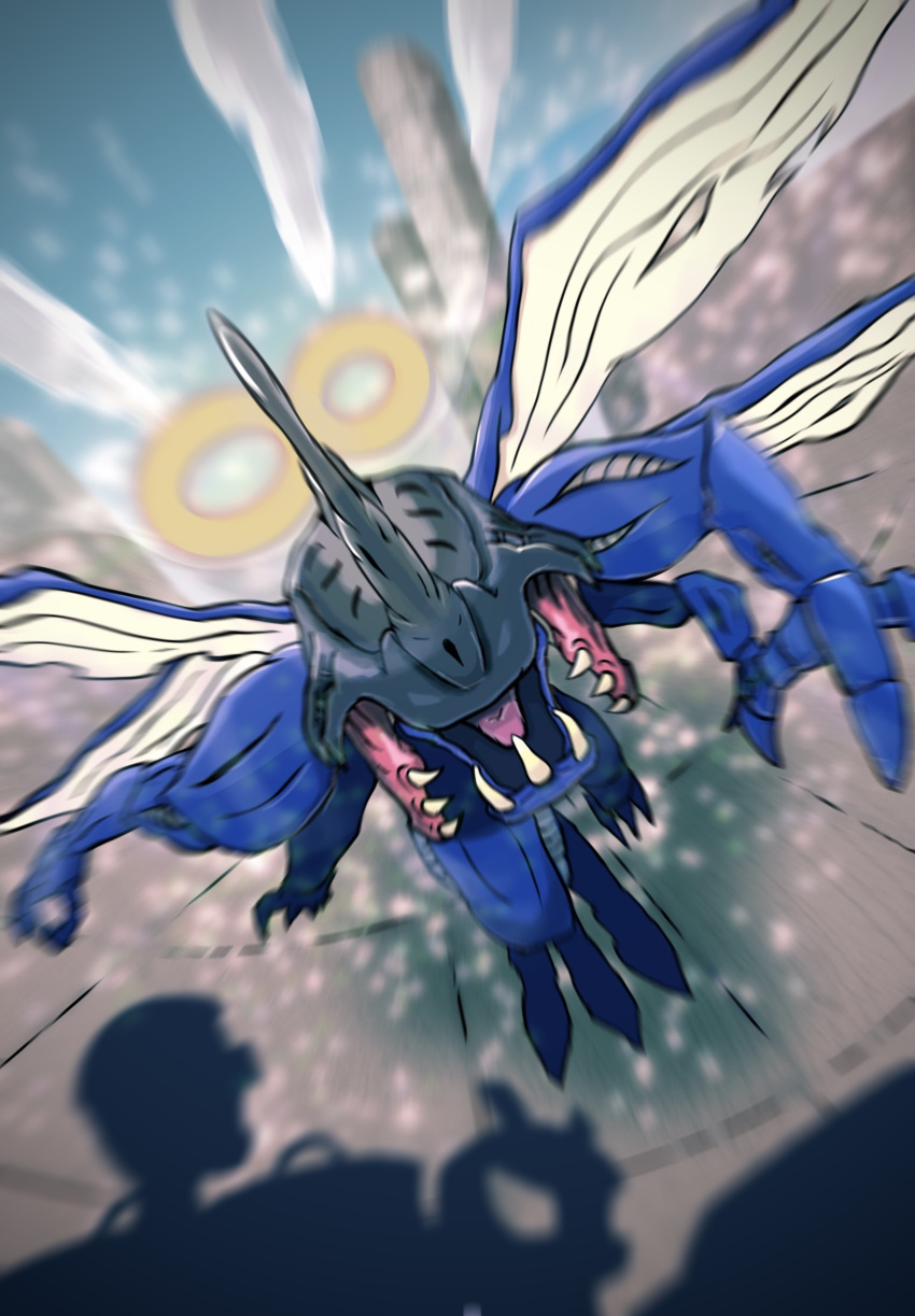 blurry, blurry_background, day, derivative_work, digimon, digimon_adventure, flying, highres, kabuterimon, motion_blur, no_humans, open_mouth, outdoors, procreate_(medium), robbit_(raven20135086), screencap_redraw, sharp_teeth, solo, teeth