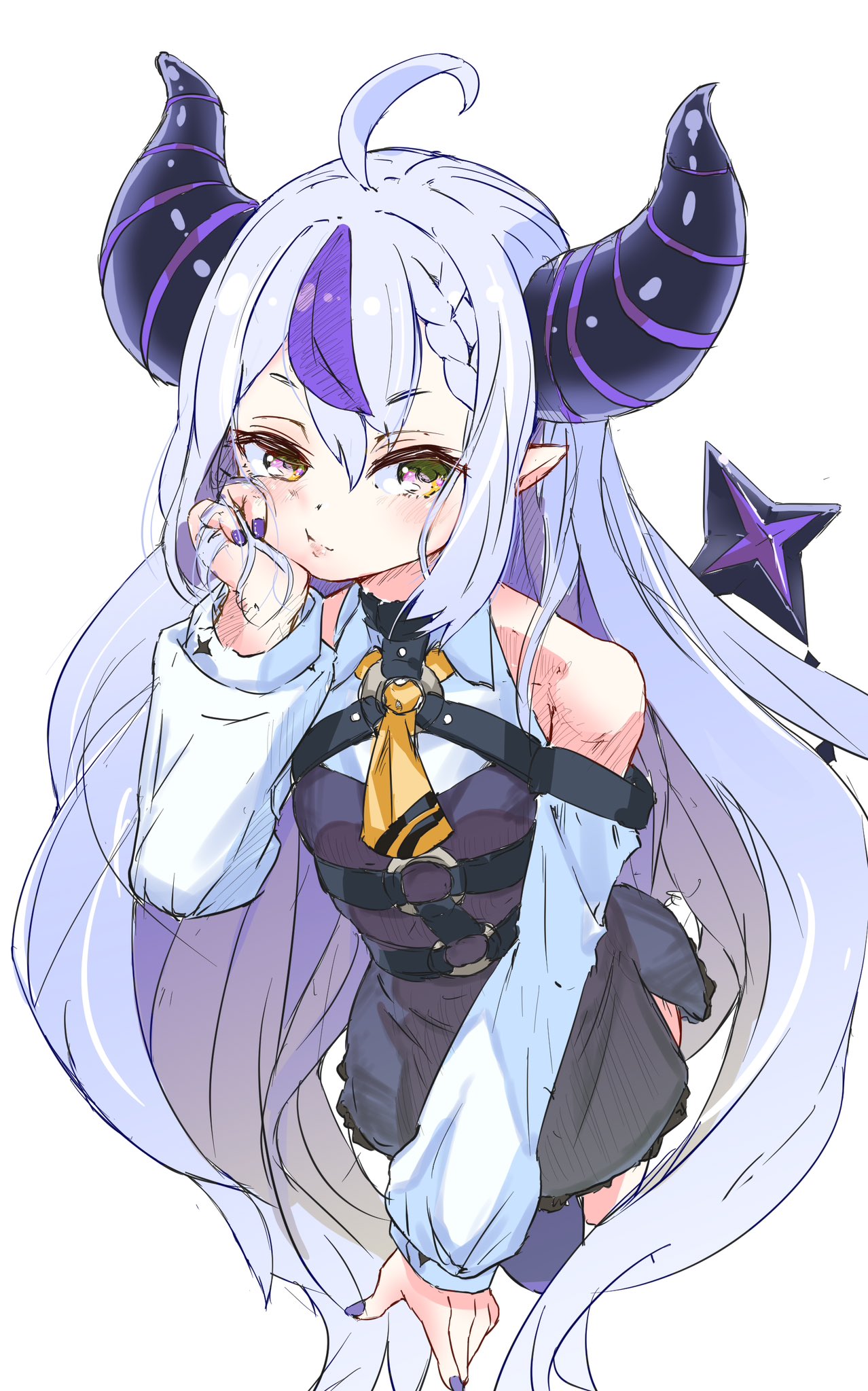 1girl, ahoge, ascot, bare_shoulders, black_horns, braid, braided_bangs, detached_sleeves, grey_hair, hand_on_own_face, highres, hololive, horns, kozakura-kun, la+_darknesss, la+_darknesss_(1st_costume), long_hair, looking_at_viewer, multicolored_hair, nail_polish, pointy_ears, purple_hair, purple_nails, solo, streaked_hair, striped_horns, virtual_youtuber, yellow_ascot