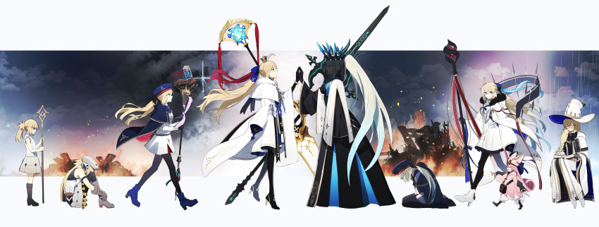3girls, absurdres, ahoge, armor, armored_dress, artoria_caster_(fate), artoria_caster_(first_ascension)_(fate), artoria_caster_(second_ascension)_(fate)