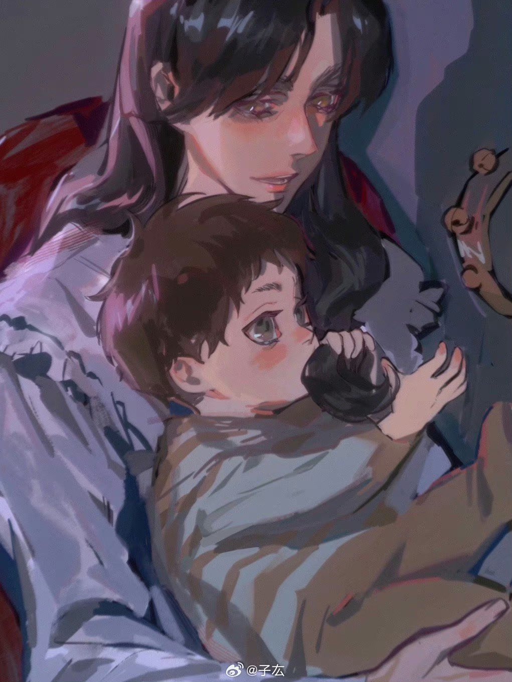 1boy, 1girl, affectionate, aged_down, baby, biting_hair, blush, brown_hair