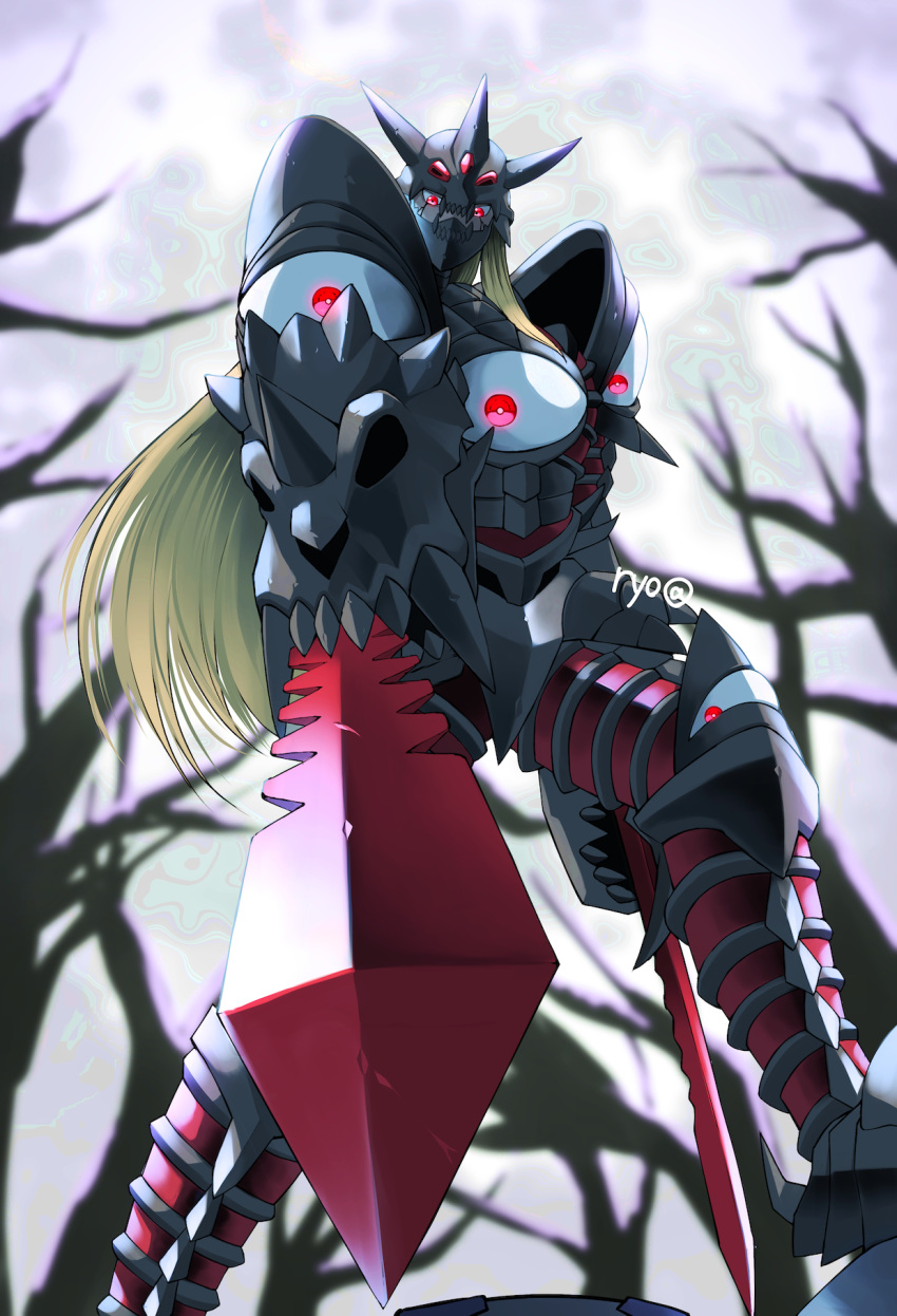 armor, artist_name, bare_tree, blonde_hair, colored_skin, digimon, dual_wielding, duskmon