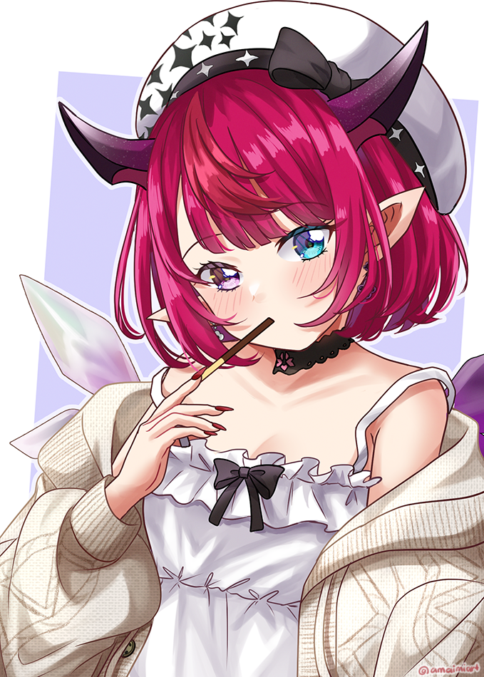 1girl, amai-tapioca, beret, black_choker, blue_eyes, blush, brown_sweater, choker