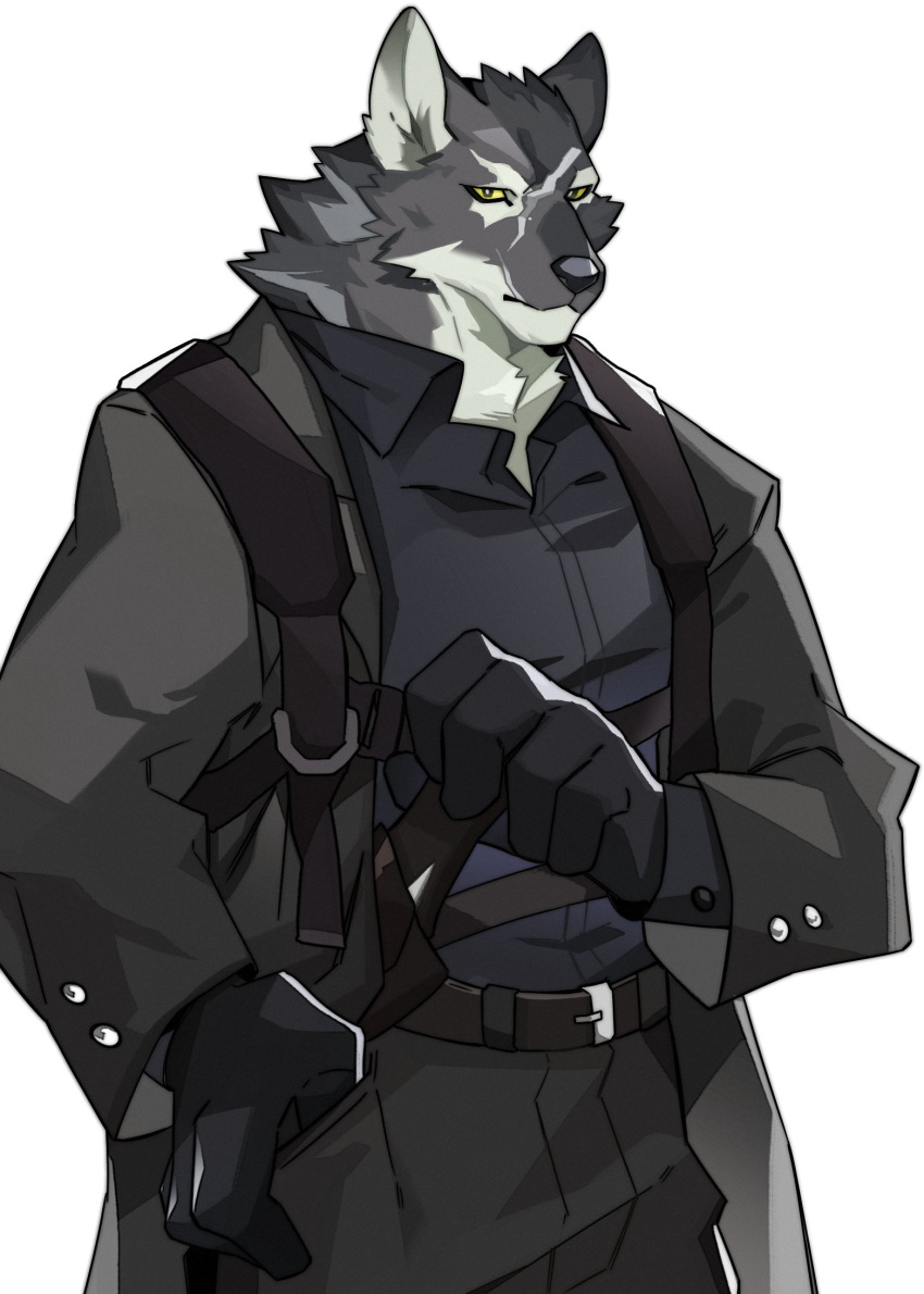 animal_ears, arknights, black_gloves, black_shirt, furry, furry_male, gambino_(arknights), gloves, greyscale, hagrang, hand_in_pocket, harness, highres, monochrome, scar, shirt, suit