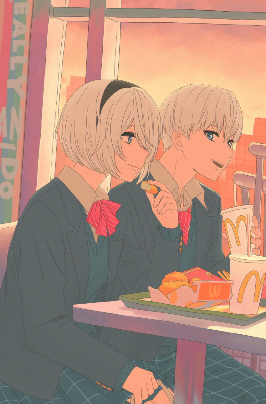 1boy, 1girl, 2b_(nier:automata), 9s_(nier:automata), absurdres, black_hairband, black_jacket, blonde_hair