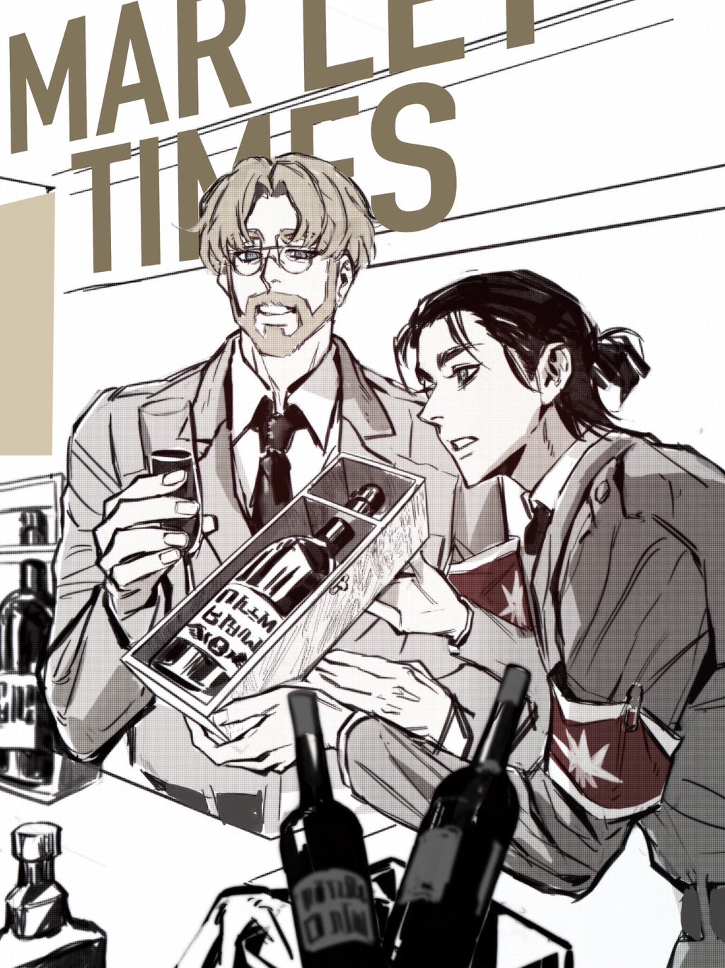2boys, ad, alternate_costume, armband, beard, bottle, brown_theme, cup