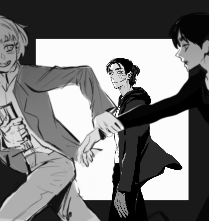 3boys, age_comparison, aged_up, armin_arlert, blurry, blurry_foreground, eren_yeager, facial_mark