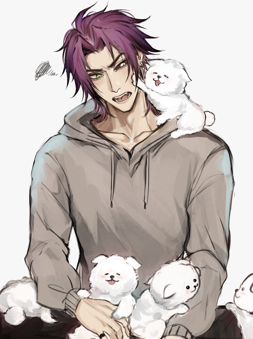 1boy, alternate_costume, blush, colored_sclera, dog, earrings, fangs, green_eyes, heartsteel_kayn, heterochromia, highres, jewelry, kayn_(league_of_legends), league_of_legends, long_sleeves, male_focus, official_alternate_hairstyle, open_mouth, parted_bangs, puppy, purple_hair, red_sclera, short_hair, simple_background, sitting, solo, teeth, white_background, white_eyes, zyrophin