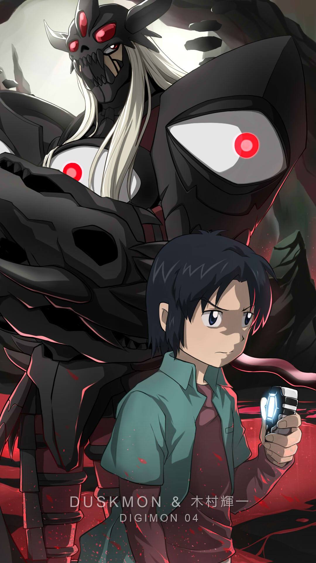 1boy, black_eyes, black_hair, brown_shirt, character_name, digimon, digimon_(creature), digimon_adventure, digimon_frontier, digivice, duskmon, extra_eyes, highres, kimura_kouichi, laofuzi_dai_bansho, long_sleeves, red_eyes, shirt, short_hair