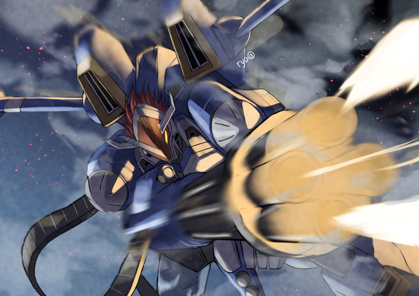artist_name, brigadramon, digimon, digimon_(creature), firing_at_viewer, gatling_gun, glowing, glowing_eyes