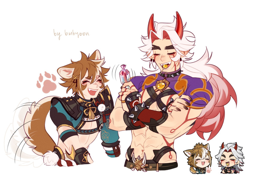2boys, abs, animal_ears, arataki_itto, black_nails, body_markings, bodypaint, bombyoon