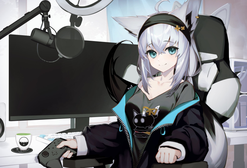 1girl, absurdres, ahoge, animal_ears, aqua_eyes, black_hairband, black_jacket, black_shirt