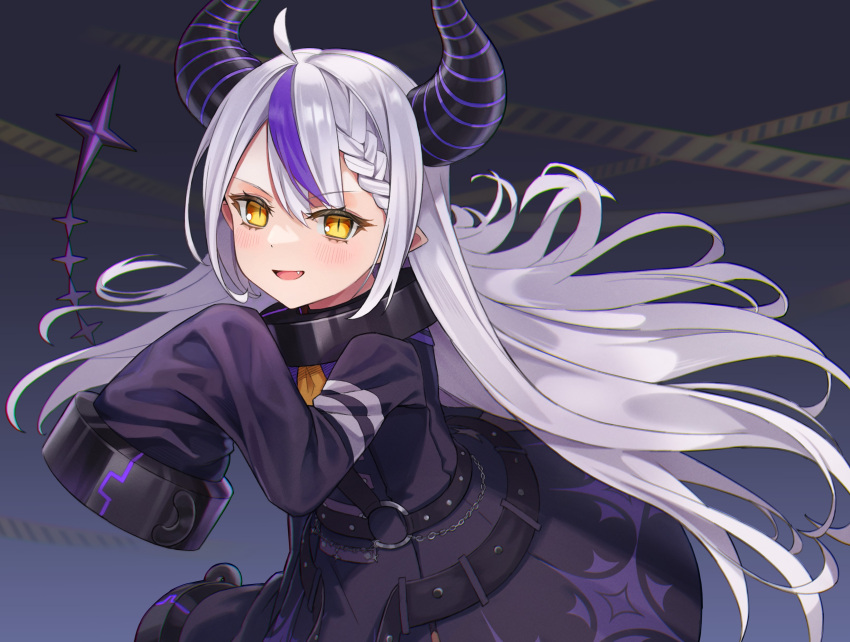 1girl, absurdres, ahoge, ascot, black_horns, braid, braided_bangs, chain