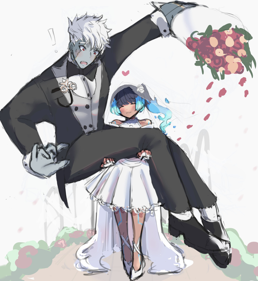 !, 1boy, 1girl, absurdres, black_footwear, black_necktie, blue_hair, bouquet