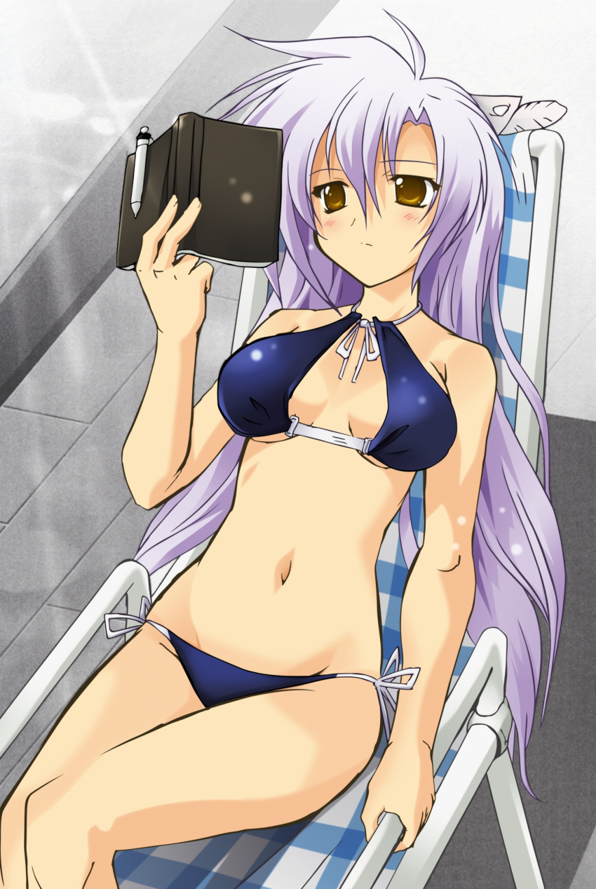 akatsuki_no_amaneka_to_aoi_kyojin, bikini, blush, book, breasts, brown_eyes, cal_ruslan, character_request, cleavage, colored, feathers, from_above, front-tie_top, hair_ornament, halter_top, halterneck, highres, komatsu_eiji, large_breasts, long_hair, lounge_chair, lowleg, lowleg_bikini, navel, outdoors, pen, pool, poolside, purple_hair, reading, reclining, ribbon, side-tie_bikini, solo, source_request, striped, sunbeam, sunlight, swimsuit, twintails, underboob, vector_trace, very_long_hair, water, white_hair