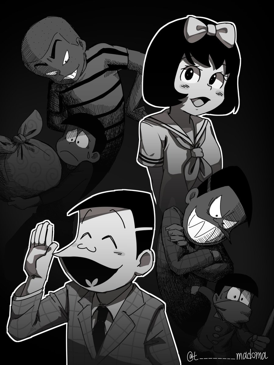 3boys, bandaid, bandaid_on_face, black_background, bow, buttons, closed_eyes, commentary, crossdressing, evil_grin, evil_smile, gradient_background, greyscale, grin, hair_bow, hand_on_own_hip, highres, looking_at_object, looking_at_viewer, male_focus, matsuno_osomatsu, monochrome, multiple_boys, multiple_persona, multiple_views, neckerchief, necktie, osomatsu-kun, otoko_no_ko, pleated_skirt, robbery, sailor_collar, scared, school_uniform, serafuku, sharp_teeth, shaved_head, shirt, skirt, smile, striped, striped_shirt, suit, sweatdrop, t-madoma, taabou_(osomatsu-kun), teeth, thick_eyebrows, tougou_(osomatsu-kun), twitter_username, waving, wig