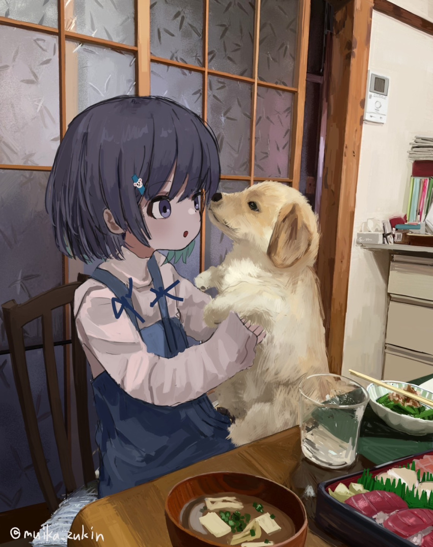 1girl, :o, animal, black_eyes, black_hair, book, chopsticks, colored_inner_hair