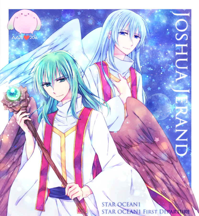 blue_eyes, blue_hair, brown_wings, character_name, copyright_name, green_eyes, green_hair, hand_up