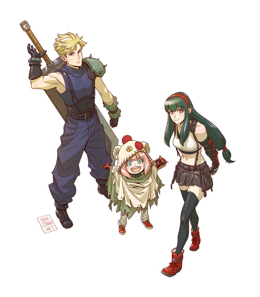 1boy, 2girls, anya_(spy_x_family), arm_guards, armor, arms_behind_back, arms_up, artist_name