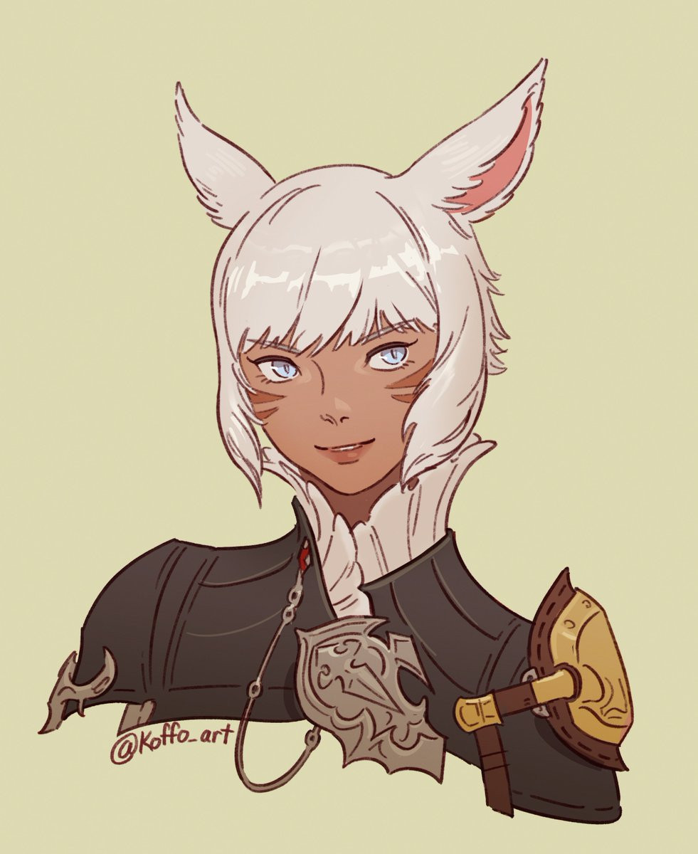 1girl, animal_ears, asymmetrical_clothes, blue_eyes, cat_ears, commentary, dark-skinned_female, dark_skin, english_commentary, facial_mark, final_fantasy, final_fantasy_xiv, highres, koffo-art, miqo'te, portrait, smile, solo, twitter_username, whisker_markings, white_hair, y'shtola_rhul