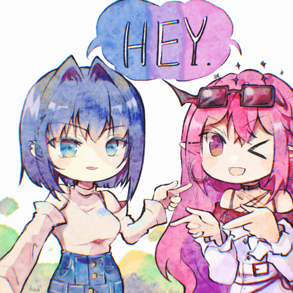>_o, 2girls, ;d, asashi_kaede, bare_shoulders, black_choker, black_hair, blue_pants, blush_stickers, chibi, choker, denim, detached_sleeves, double_finger_gun, dress, earrings, english_text, eyewear_on_head, finger_gun, hair_intakes, high-waist_pants, hololive, hololive_english, hoop_earrings, horns, irys_(hololive), jeans, jewelry, long_sleeves, looking_at_viewer, multiple_girls, off-shoulder_dress, off_shoulder, one_eye_closed, open_mouth, ouro_kronii, ouro_kronii_(3rd_costume), pants, parted_lips, pink_hair, pointing, pointing_at_another, pointy_ears, self_borrowed_hairstyle, selfie, shared_speech_bubble, shirt, short_hair, smile, speech_bubble, turtleneck_shirt, upper_body, virtual_youtuber, watercolor_effect, white_dress, white_shirt