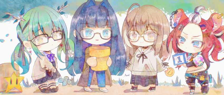 4girls, ahoge, asashi_kaede, bangs_pinned_back, bespectacled, black_hair, black_skirt, blue_eyes