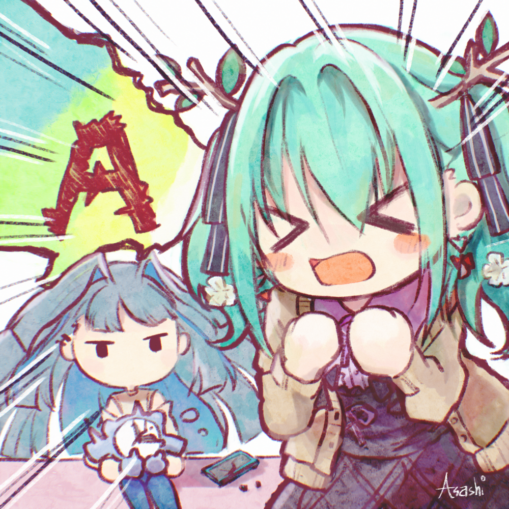 >_<, a_(phrase), antlers, asashi_kaede, black_hair, black_skirt, blush_stickers, bow