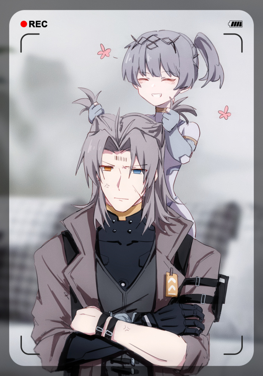 1boy, 1girl, anger_vein, annoyed, barcode, barcode_tattoo, battery_indicator, beizhi