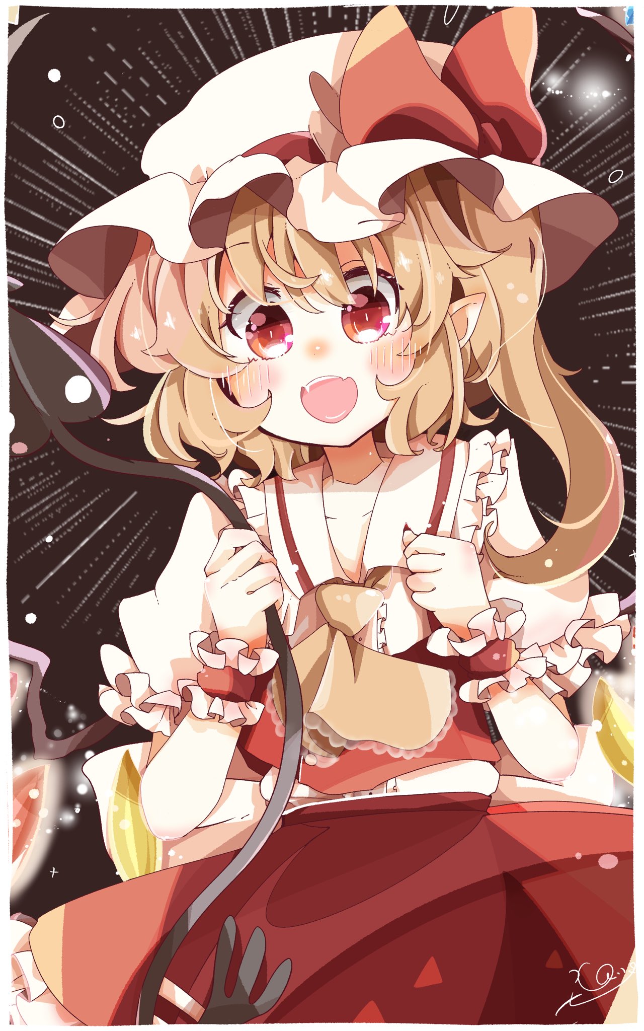 1girl, ascot, back_bow, blonde_hair, blush, bow, brown_background, center_frills