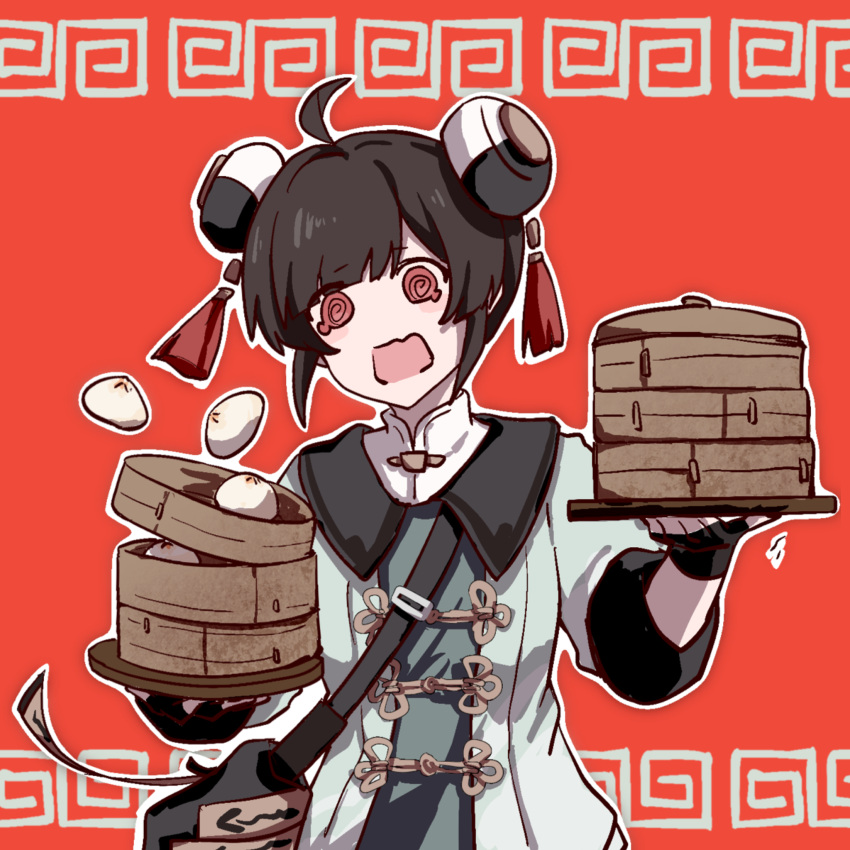 1girl, @_@, ahoge, bag, beizhi, black_gloves, black_hair, blue_shirt