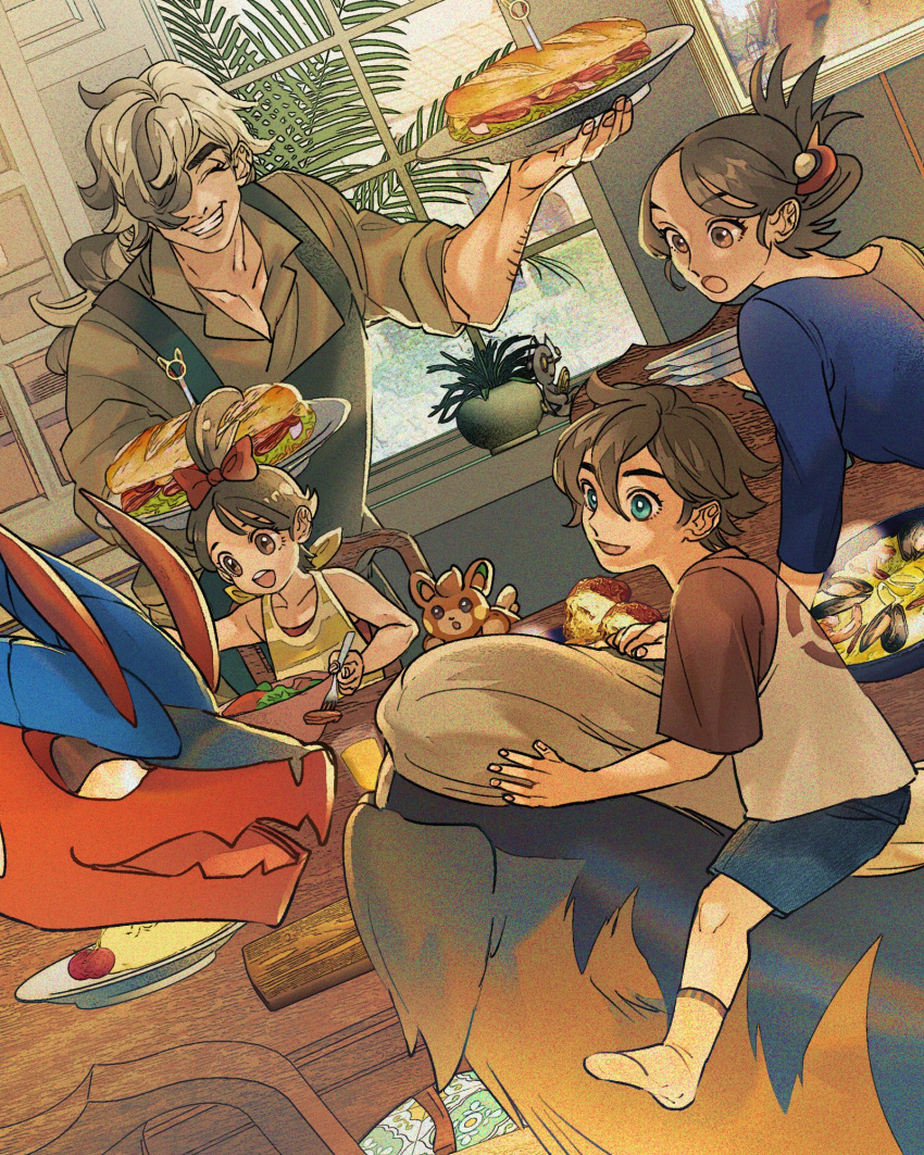 2boys, 2girls, :o, apron, arven_(pokemon), blue_eyes, blue_shirt, blue_shorts, bow, bowtie, bread, closed_eyes, collarbone, collared_shirt, colored_skin, commentary_request, dog, eyelashes, family, florian_(pokemon), food, fork, gimmighoul, green_shirt, grey_hair, hair_between_eyes, hair_over_one_eye, highres, holding, holding_fork, holding_plate, indoors, juliana_(pokemon), koraidon, leaf, lettuce, long_hair, mabosstiff, multiple_boys, multiple_girls, mussel, open_mouth, orange_skin, paldea_mother, parted_bangs, pawmi, plant, plate, pokemon, pokemon_(creature), pokemon_(game), pokemon_sv, ponytail, potted_plant, red_bow, red_bowtie, red_shirt, red_skin, riding, riding_pokemon, salad, sharp_teeth, shirt, shorts, socks, solid_circle_eyes, stb81370884, submarine_sandwich, swept_bangs, table, teeth, tomato, two-tone_shirt, upper_teeth_only, white_shirt, white_socks, window