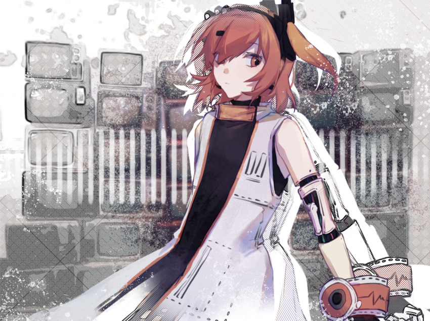 1girl, a.i._voice, adachi_rei, adapted_costume, android, black_gloves, black_shirt, chinese_commentary, closed_mouth, coat, commentary_request, cowboy_shot, drop_shadow, expressionless, floating_hair, gloves, hair_ornament, hair_over_one_eye, hairclip, headlamp, headset, highres, joints, looking_at_viewer, mechanical_parts, medium_hair, one_side_up, orange_eyes, orange_hair, qixinnn, radio_antenna, recurring_image, robot_joints, shirt, sleeveless, sleeveless_coat, sleeveless_shirt, solo, television, turtleneck, utau, white_background, white_coat, wire