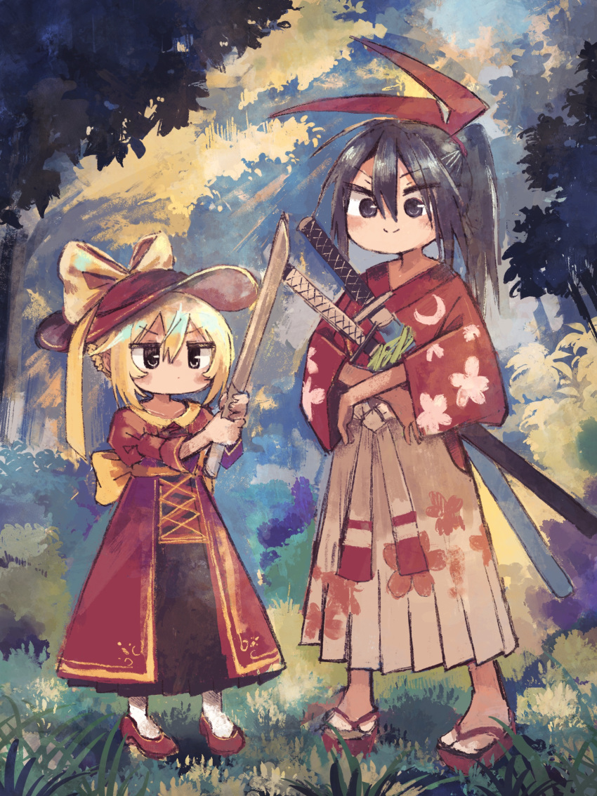 2girls, absurdres, aged_down, alternate_costume, angelica_rafa_redgrave, back_bow, black_dress, black_hair