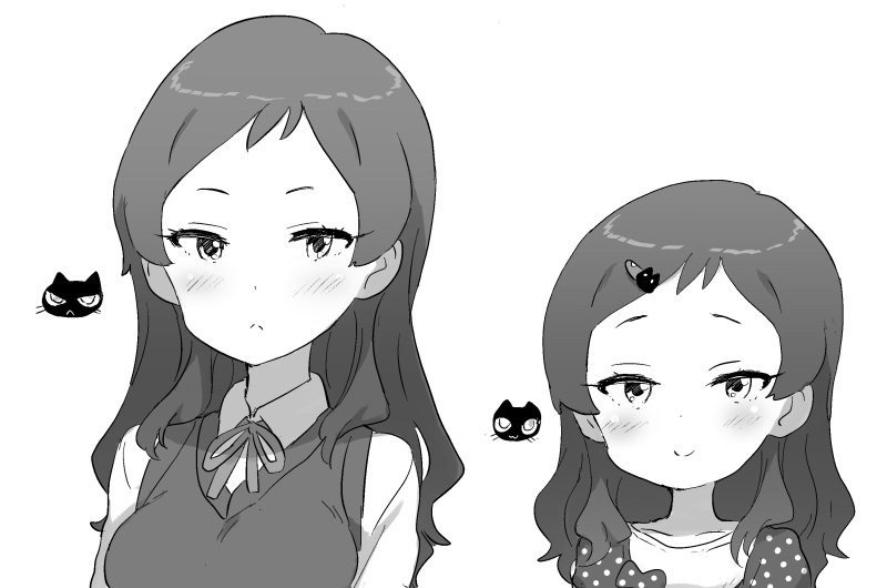 2girls, aged_down, blush, breasts, cat_hair_ornament, check_commentary, commentary_request, dot_nose