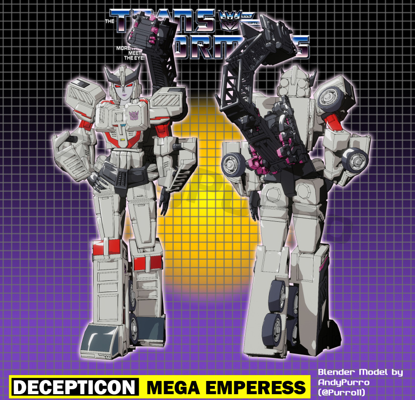 1girl, 3d, absurdres, andypurro, blender_(medium), curvy, decepticon, front_and_back, hand_on_own_hip, helmet, highres, insignia, mecha, megaempress, red_eyes, robot, robot_girl, solo, transformers, transformers:_generation_1