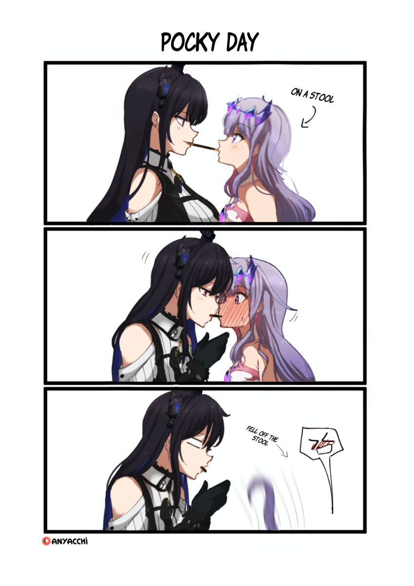 2girls, anyacchi, black_hair, demon_girl, demon_horns, food, food_in_mouth, highres, hololive, hololive_english, horns, koseki_bijou, multiple_girls, nerissa_ravencroft, pocky, pocky_in_mouth, size_difference, virtual_youtuber, white_hair, yuri