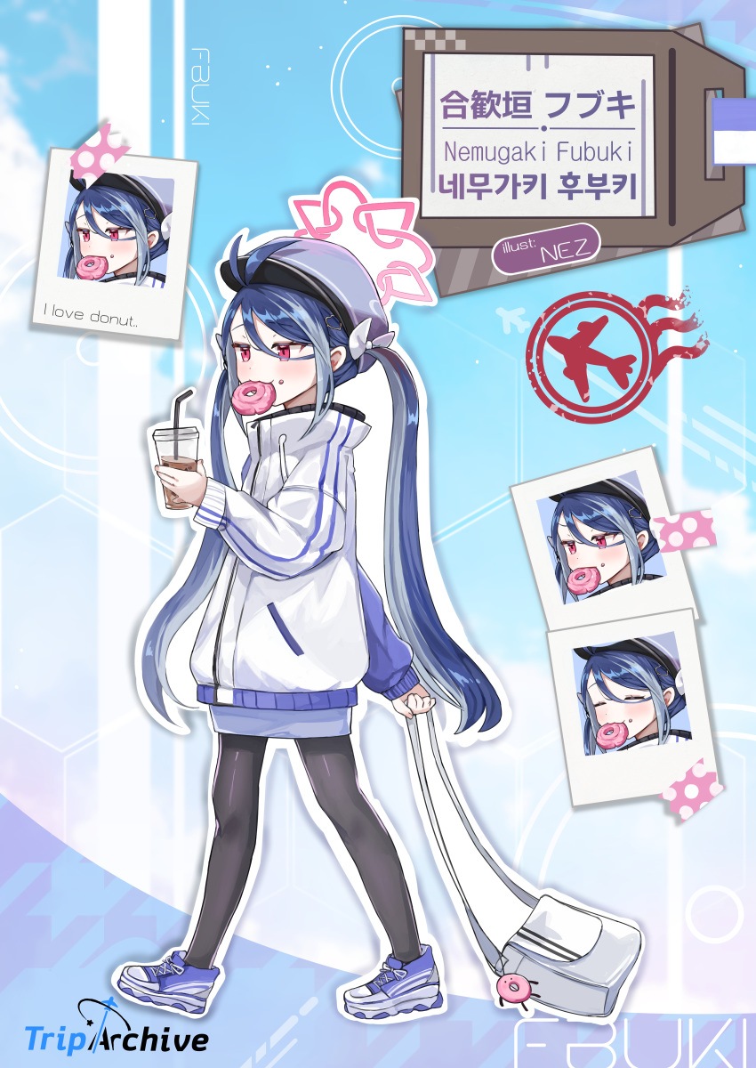 1girl, absurdres, antenna_hair, bag, black_pantyhose, blue_archive, blue_hair, blue_headwear