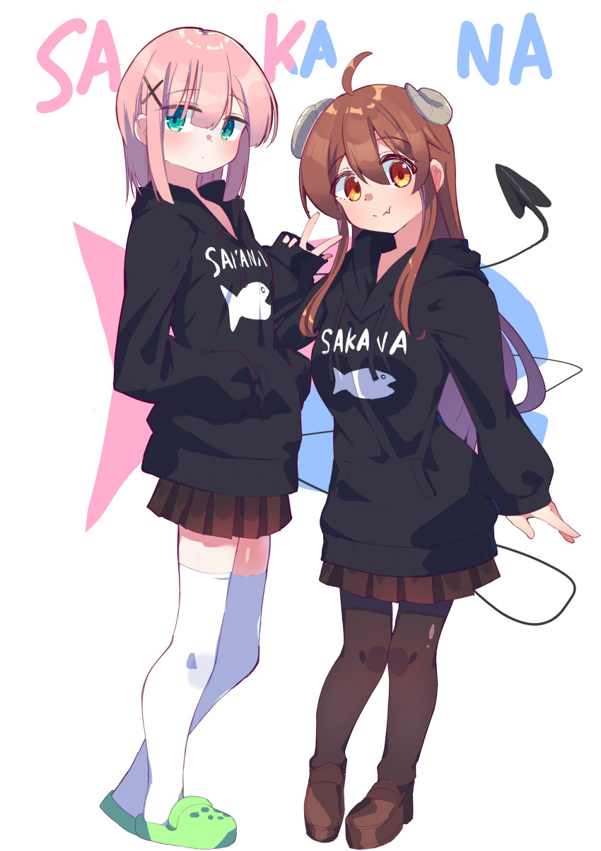 2girls, absurdres, ahoge, animal_print, black_hoodie, blunt_bangs, brown_eyes, brown_footwear