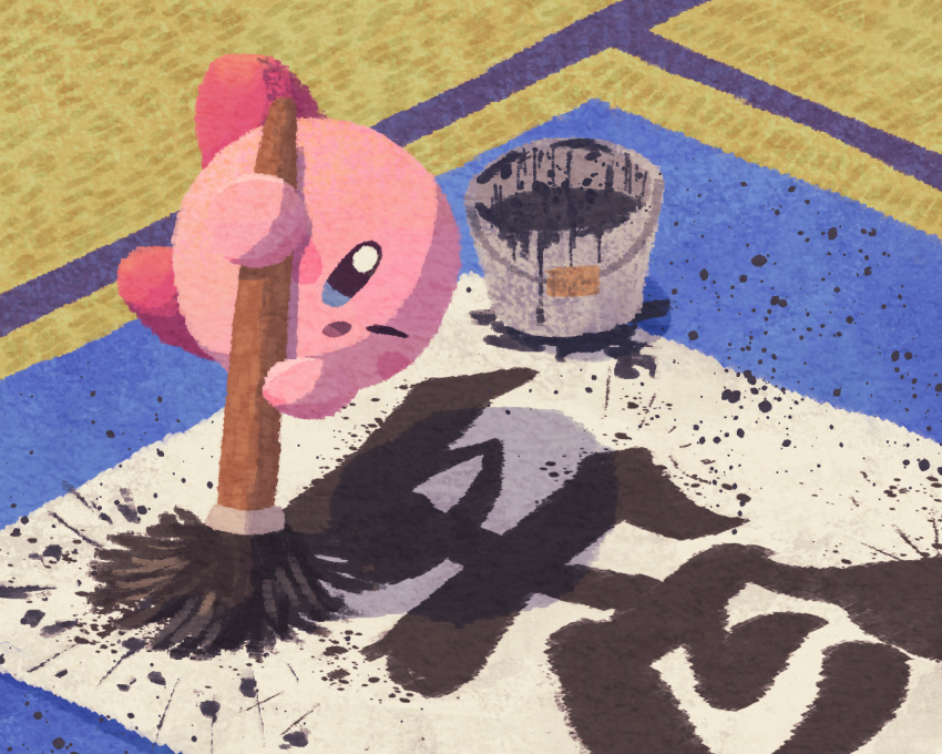blue_eyes, blush_stickers, bucket, calligraphy, calligraphy_brush, ink, kakizome, kirby