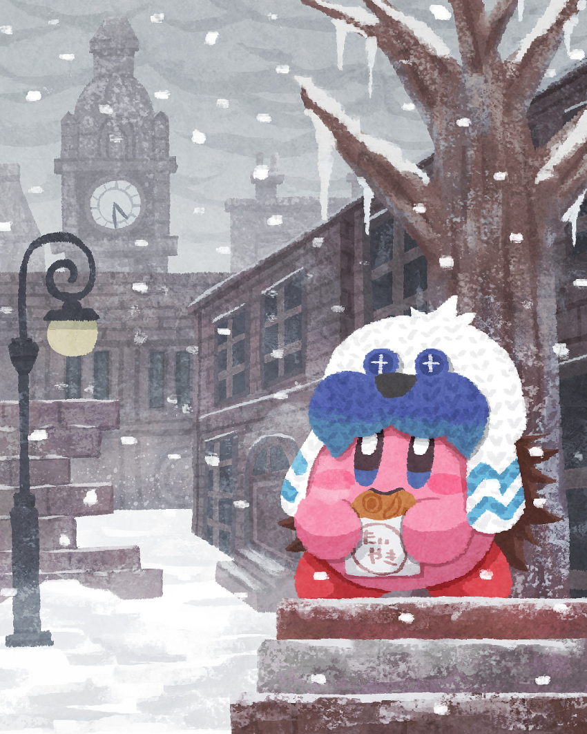 bare_tree, blue_eyes, blush_stickers, city, closed_mouth, clouds, cloudy_sky, copy_ability, eating, food, frosty_ice_kirby, highres, icicle, kirby, kirby_(series), kirby_and_the_forgotten_land, miclot, no_humans, outdoors, pink_footwear, scenery, shoes, sky, smile, snow, snowing, taiyaki, tree, wagashi, white_headwear, winter