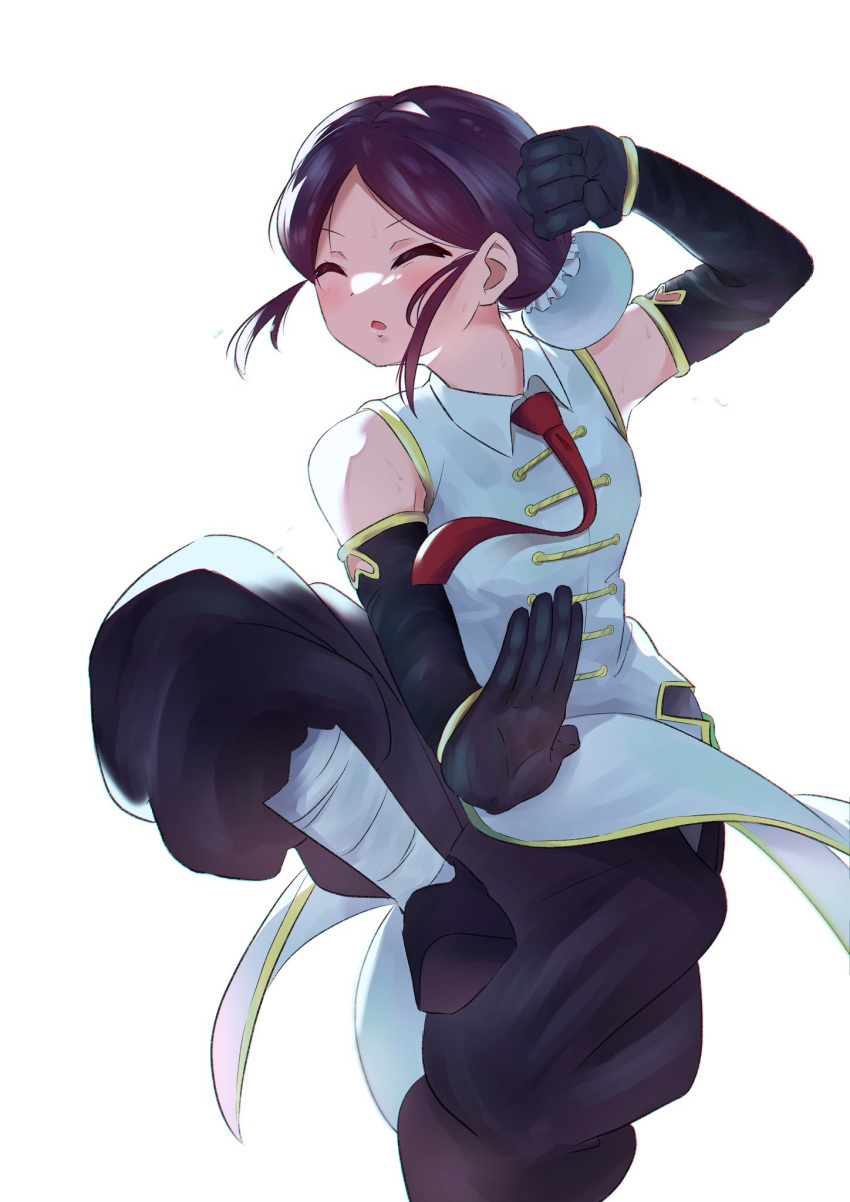 1girl, black_gloves, black_hair, bun_cover, china_dress, chinese_clothes, closed_eyes, commentary_request, dress, elbow_gloves, gloves, hair_bun, highres, long_hair, mui_(undead_unluck), necktie, red_necktie, rune_yui, sidelocks, simple_background, sleeveless, solo, standing, undead_unluck, white_background