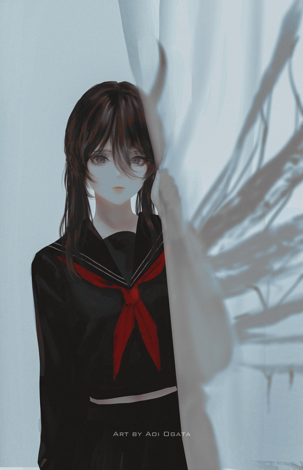 1girl, aoi_ogata, artist_name, black_hair, black_sailor_collar, black_serafuku, black_shirt, black_skirt
