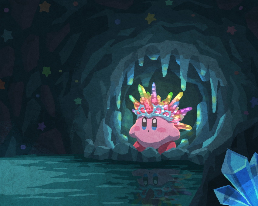 blue_eyes, blush_stickers, cave, closed_mouth, copy_ability, crown, crystal, crystal_needle_kirby, gem, glowing, highres, indoors, kirby, kirby_(series), kirby_and_the_forgotten_land, miclot, no_humans, pink_footwear, purple_gemstone, red_gemstone, shoes, water, yellow_gemstone