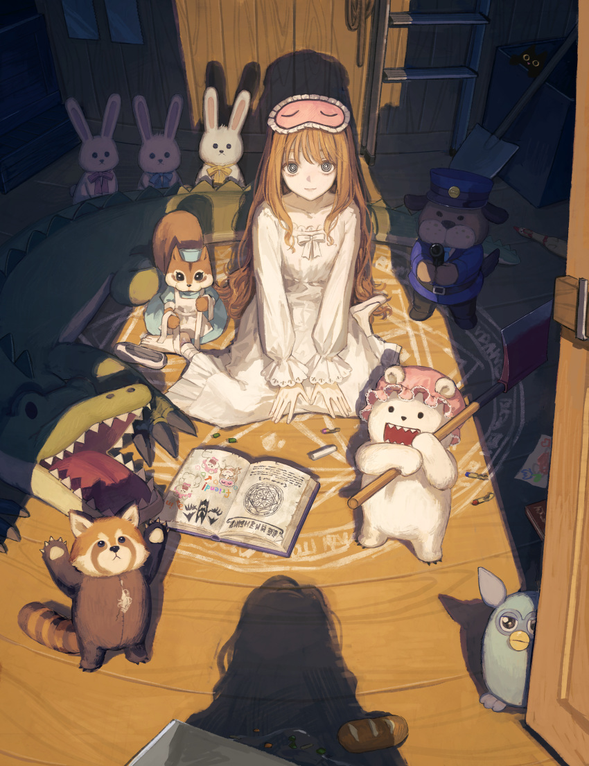 1girl, @_@, absurdres, applying_bandages, axe, bandaged_ankle, bandaged_leg, bandages
