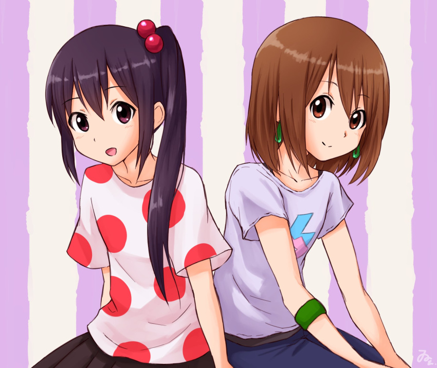 2girls, black_hair, black_skirt, blue_pants, brown_eyes, brown_hair, closed_mouth, commentary_request